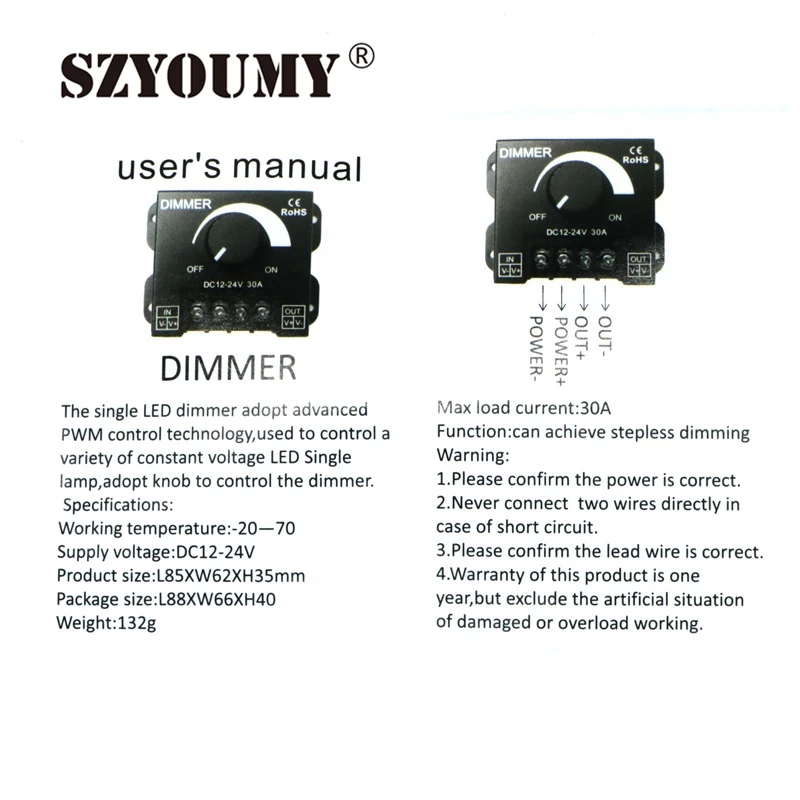 SZYOUMY Светодиодная лампа с регулируемой яркостью 12 В 24 30 А 360 Вт одноцветное
