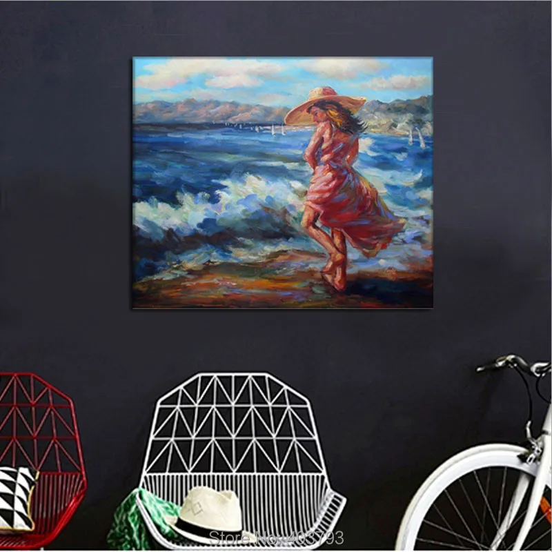 Высокое Качество ручная роспись маслом на холсте Девушка играет пляже 20x24 дюйма