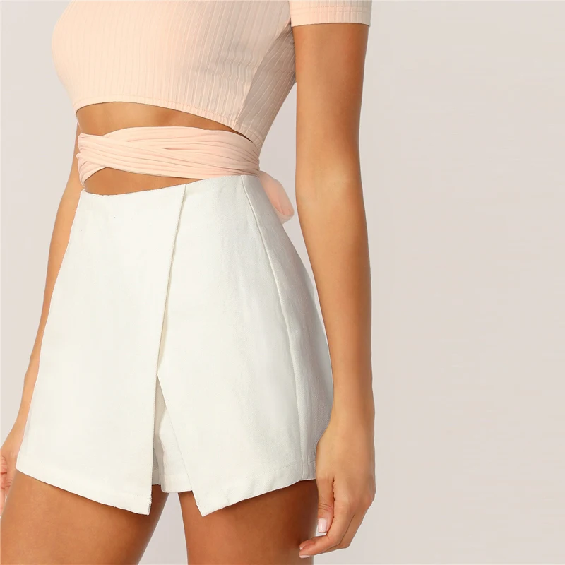 SHEIN цельная юбка-шорты с молнией сзади белые шорты весна лето осень элегантные женские шорты со средней талией
