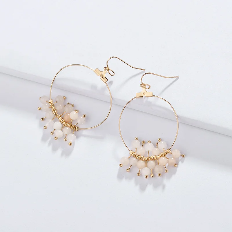Весна лето Модные необычные женские натуральный ювелирный камень Бусины Кластерные висячие серьги - Окраска металла: Pink