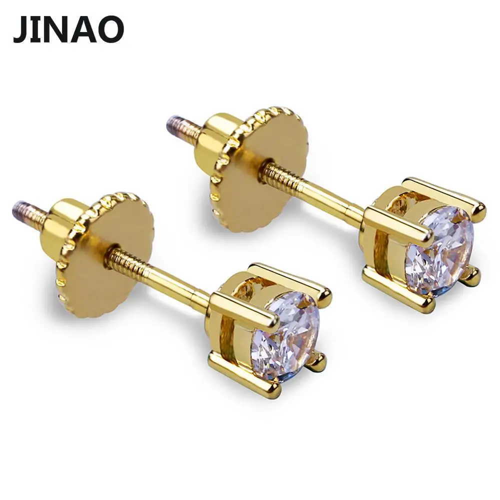 JINAO, серебряное покрытие, микро проложить, 4 мм, Большой кубический циркон, лаборатория, D, серьги-гвоздики с закручивающейся задней частью для мужчин и женщин, ювелирные изделия в стиле хип-хоп - Окраска металла: Gold