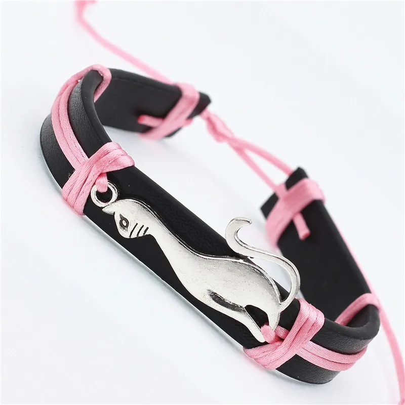 Antique Cute Cat Charms PU Leather Bracelets Lovely Animal handmade Braid colorful Jewelry kids Gifts for drop shipping | Украшения и