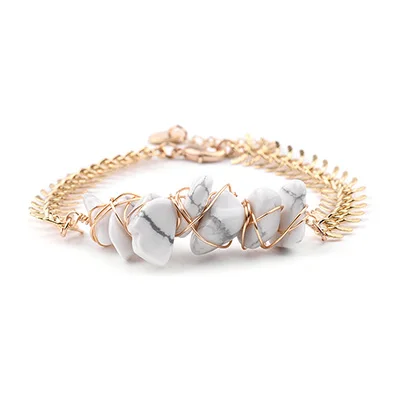 White Howlite BOJIU, новинка, обернутый натуральный стрейч-камень, браслет, регулируемый, для женщин, золото, серебро, медь, цепь, неправильный гравий, браслет, BC258 - Окраска металла: White Howlite