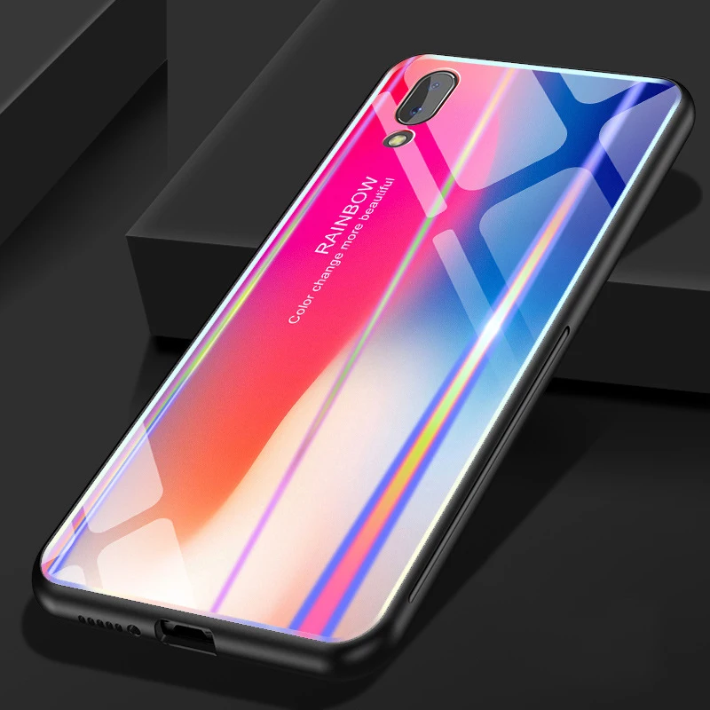 Gradient Rainbow Glitter Phone Case For VIVO X23 X20 Plus Aurora TPU + Explosion-proof Glass Back Cover VIVOX9 |