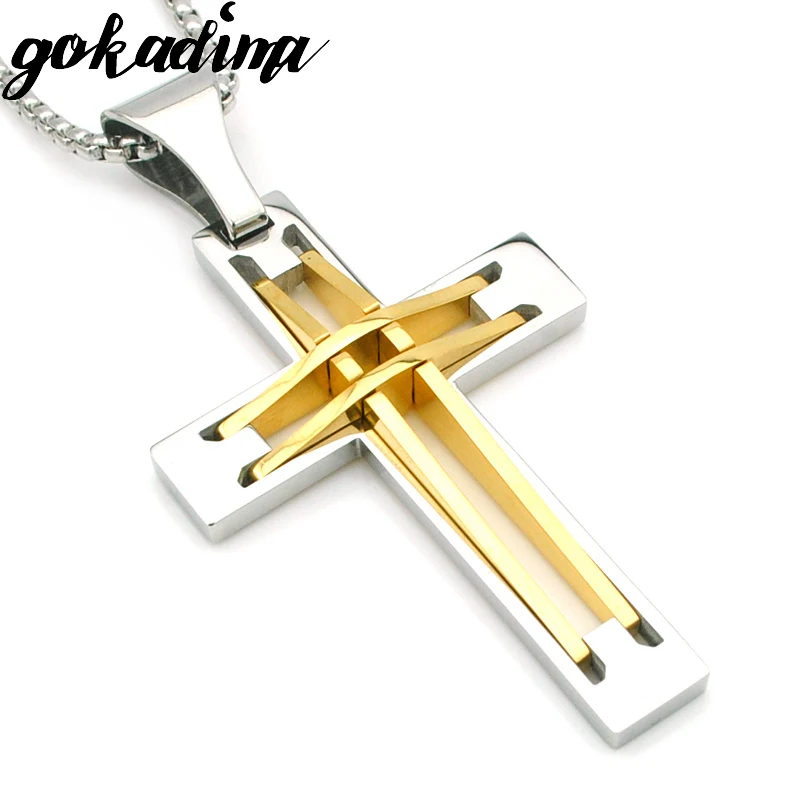 Gokadima Fashion Gold color Men's Stainless Steel Hollow Cross Pendant Necklace Jewelry Gift WP387 |
