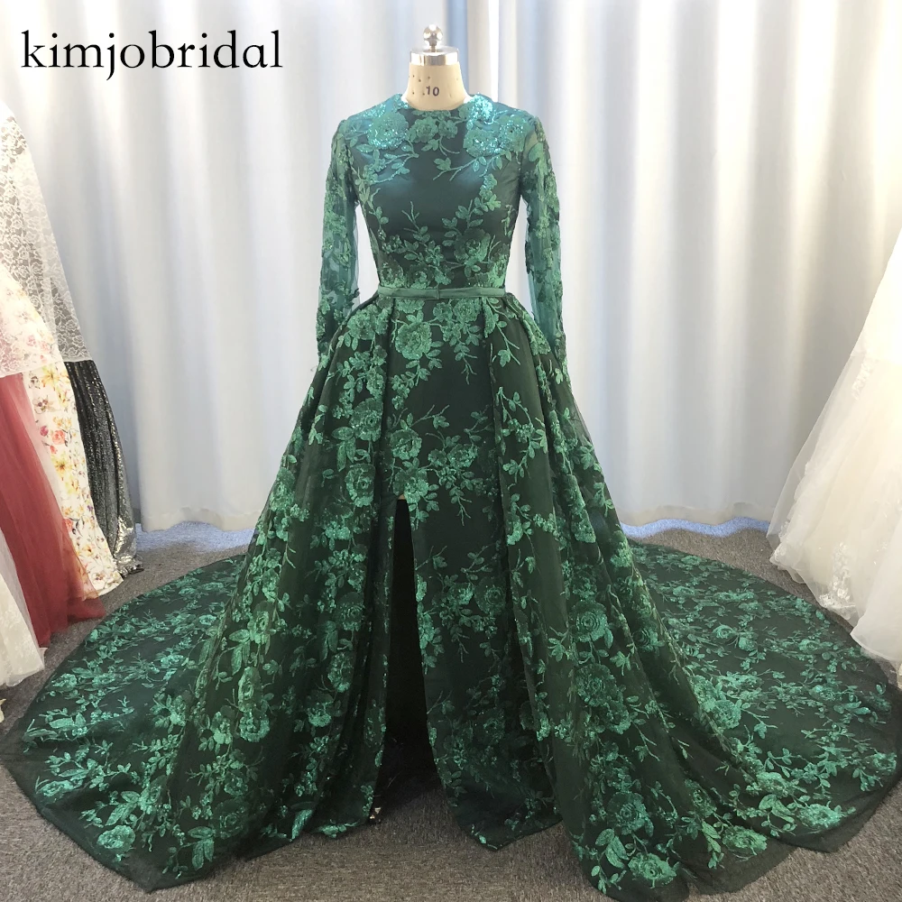 

real picture prom dresses green lace appliques detachable train sparky prom dress long sleeve evening dresses chapel train dress