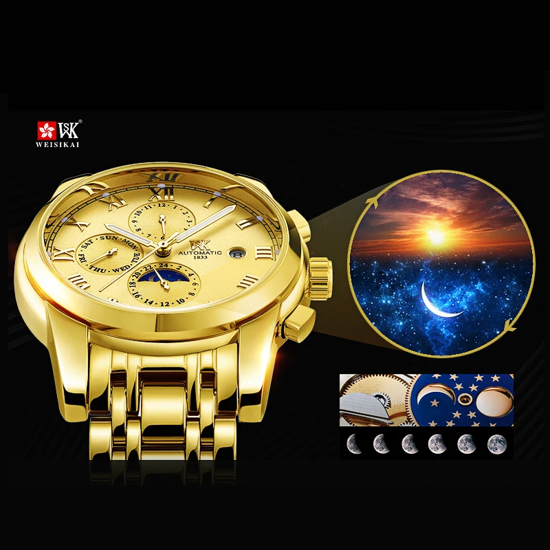 Мужские автоматические механические часы WEISIKAI роскошные деловые из нержавеющей