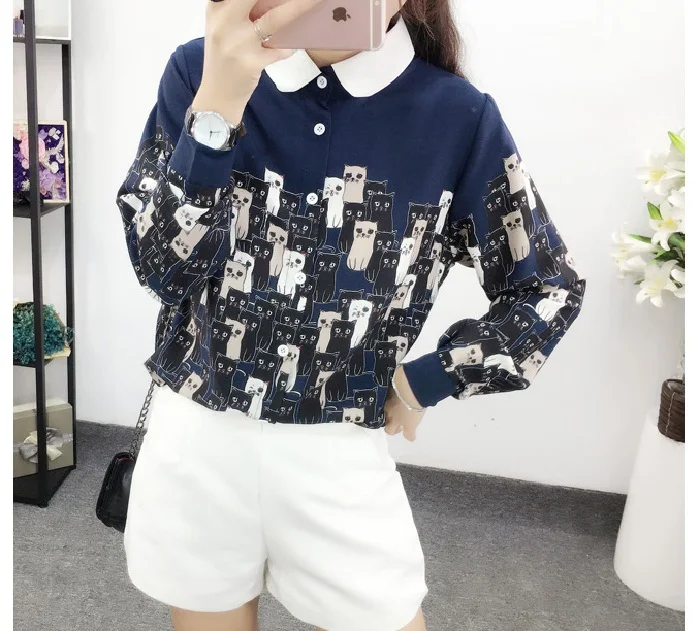 Фото L & Y/модная шифоновая блузка с рисунком кота из мультфильма рубашка топы женские L & Y/модная шифоновая блузка с рисунком кота из мультфильма рубашка топы женские