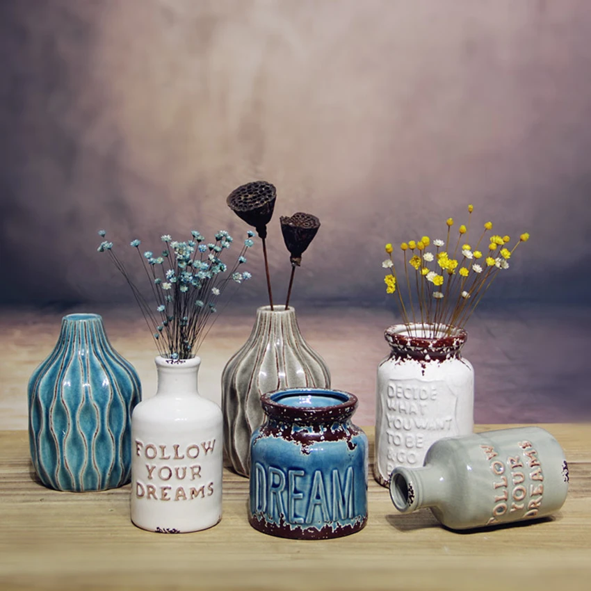 Керамическая ваза в скандинавском стиле узкая Винтажная настольная для цветов