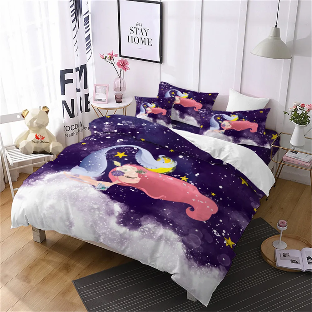 Cartoon Mermaid Bedding Set Girls Sweet Duvet Cover Purple Blue Wave Print Bed Festival Gift Bedclothes Home Decor D49 | Дом и сад