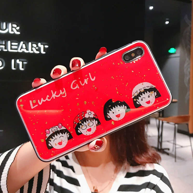 glitter epoxy Soft Case for iPhone 7 8 Plus 6 6s X XR XSMAX skid resistance cartoon redness case Chi-bi Maruko Cover |