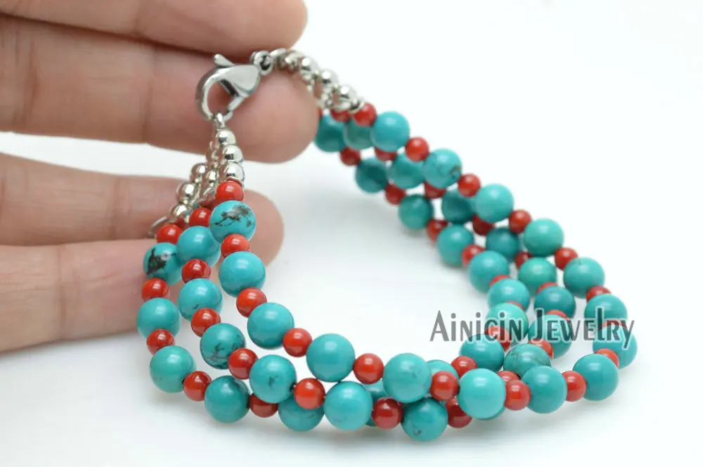 

5pcs Multi-layer Natural Green Stone and Coral Round Beads Chain Link Bracelets For Fashion Women Jewelry