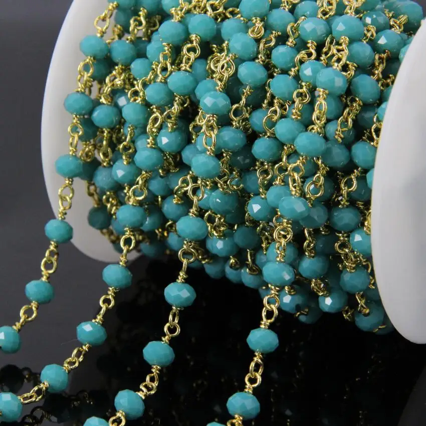 

5Meters Peacock blue Green Glass Faceted Rondelle Rosary Chains,Gold Plated Wire Wrapped loop Chains Necklace bracelet making