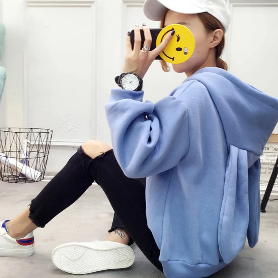 

Rabbit Cute Bunny Embroidered Hoodie Sweatshirt Rabbit Ear Hoodie Poleron Mujer 2021 Oversized Kangaroo Pocket Hoodie Drawstring
