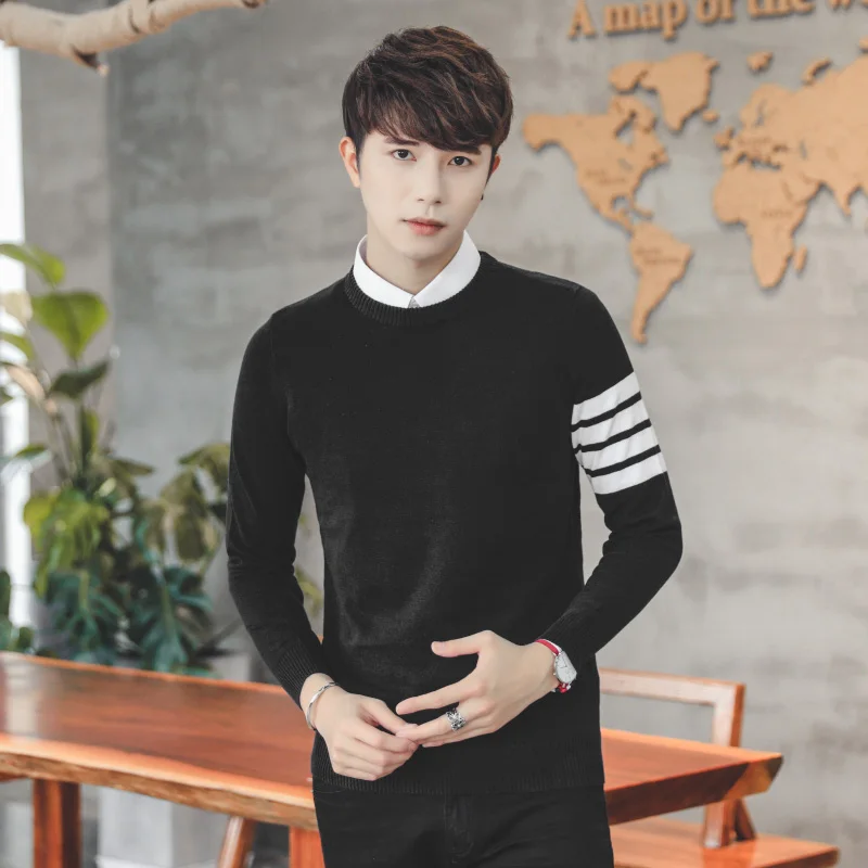 Мужской трикотажный пуловер из натурального хлопка с круглым вырезом и длинным