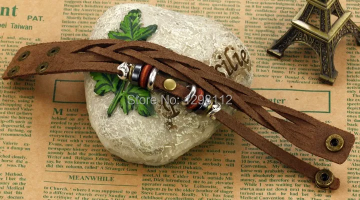 Vintage old bronze bracelet Jewelry genuine cow leather two buttons Bangles with shinning crystal drill adjustalbe For men SL21 | Украшения