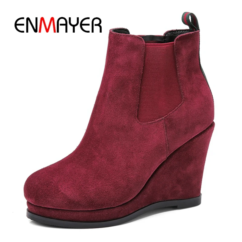 ENMAYER/botas mujer/ботинки Женские однотонные ботильоны на танкетке с круглым носком