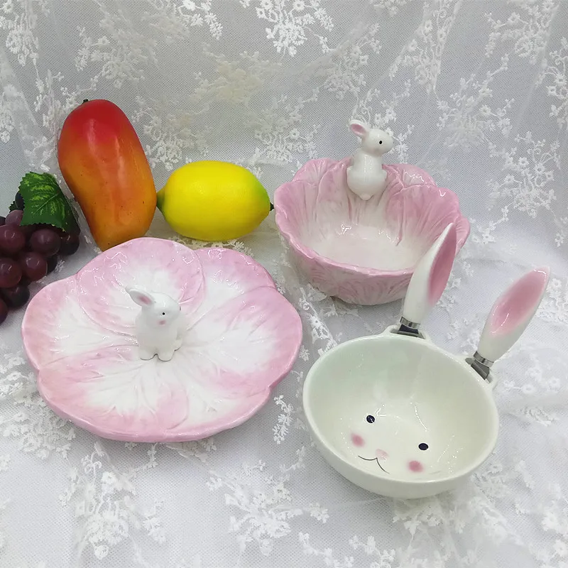 Керамическая миска Салатница с совком рисовая для фруктов детская розовая