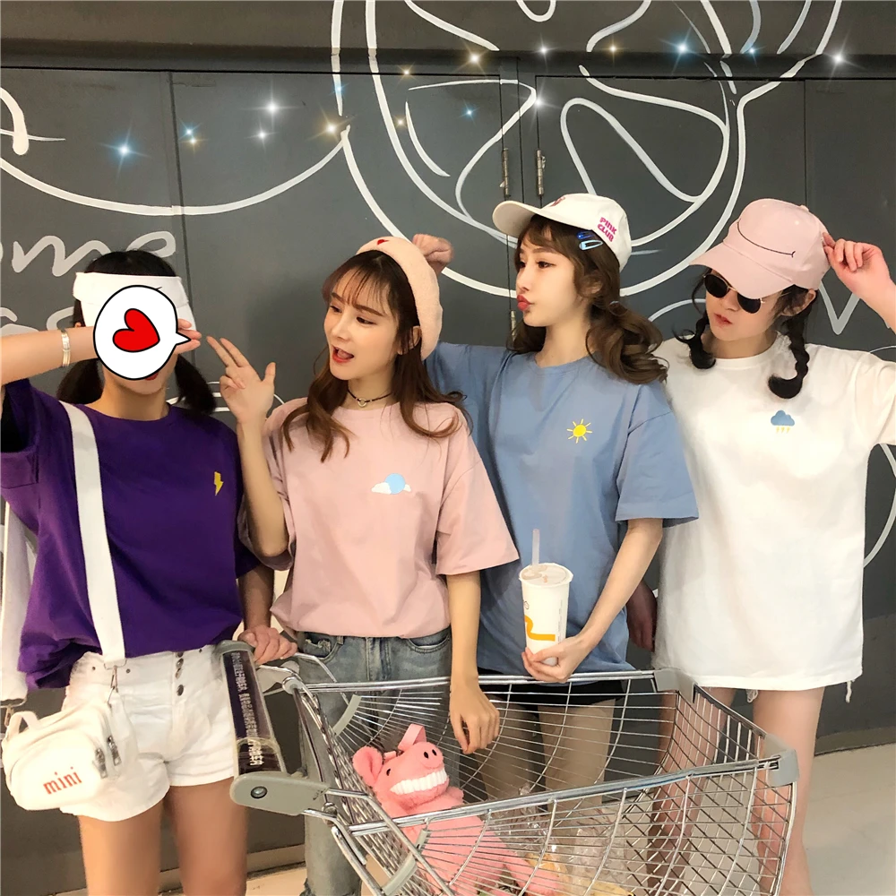 Женская футболка пастельных цветов Harajuku Ulzzang хлопковая простая с вышивкой для