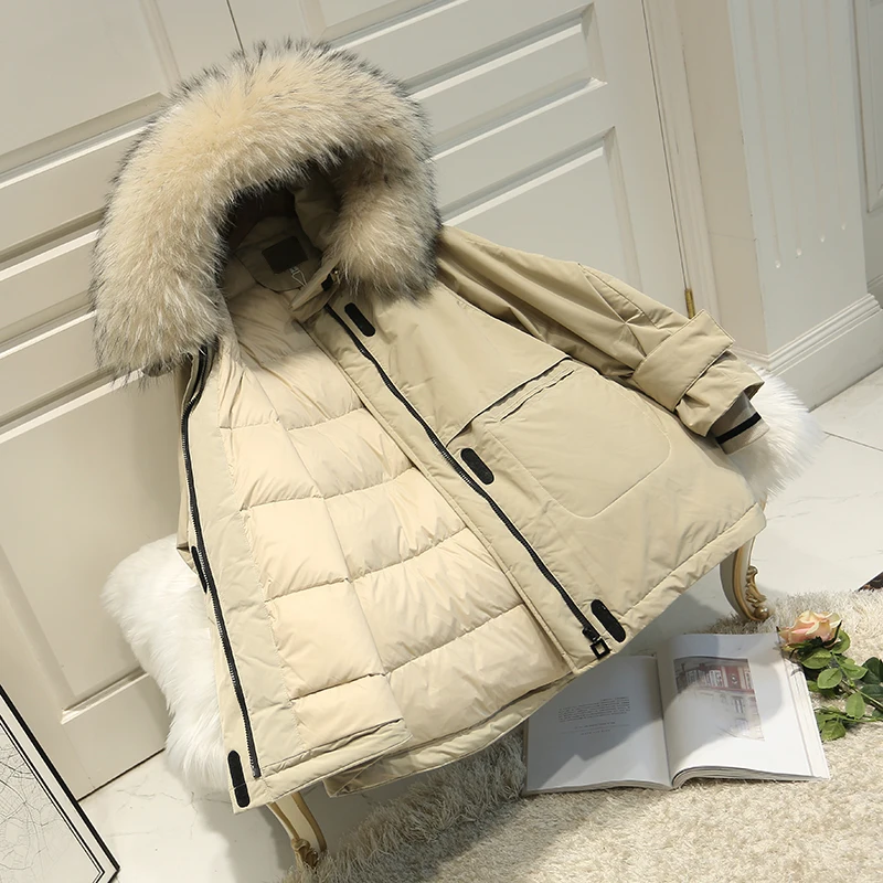 Женская парка с капюшоном и воротником из натурального меха енота толстая