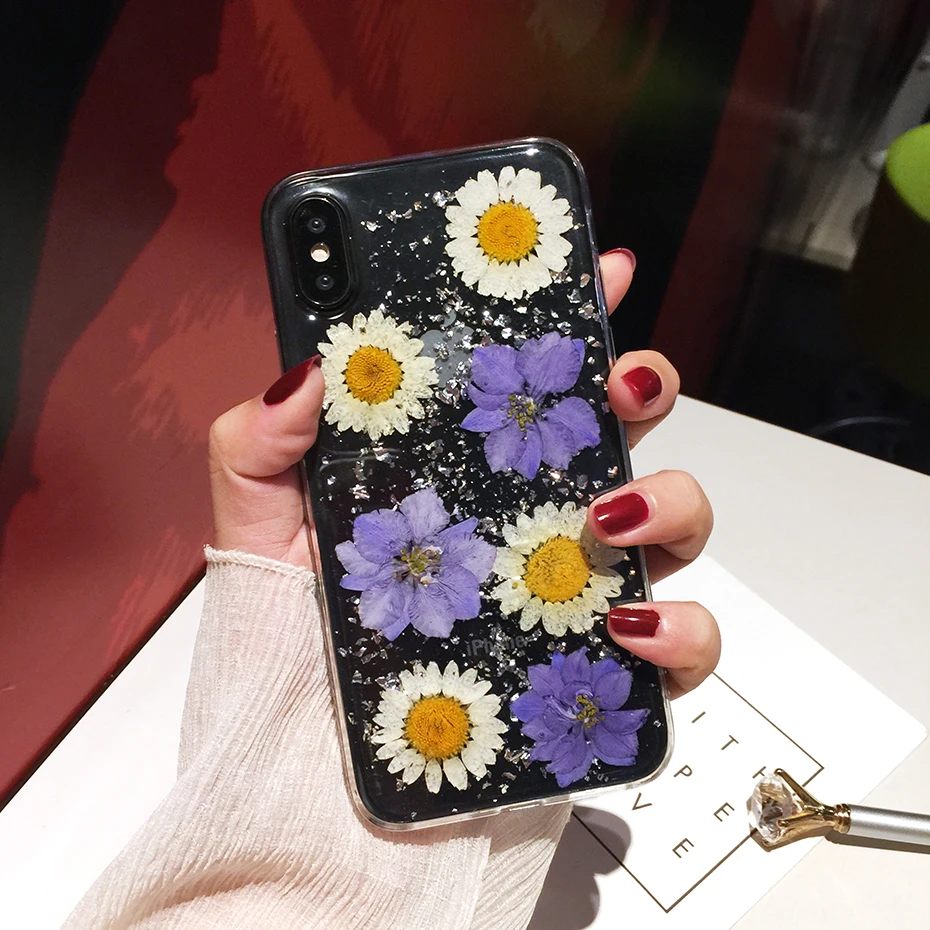 Qianliyao Роскошные настоящие сухие цветы чехол для телефона iPhone 6 6S 7 8 Plus X Чехлы