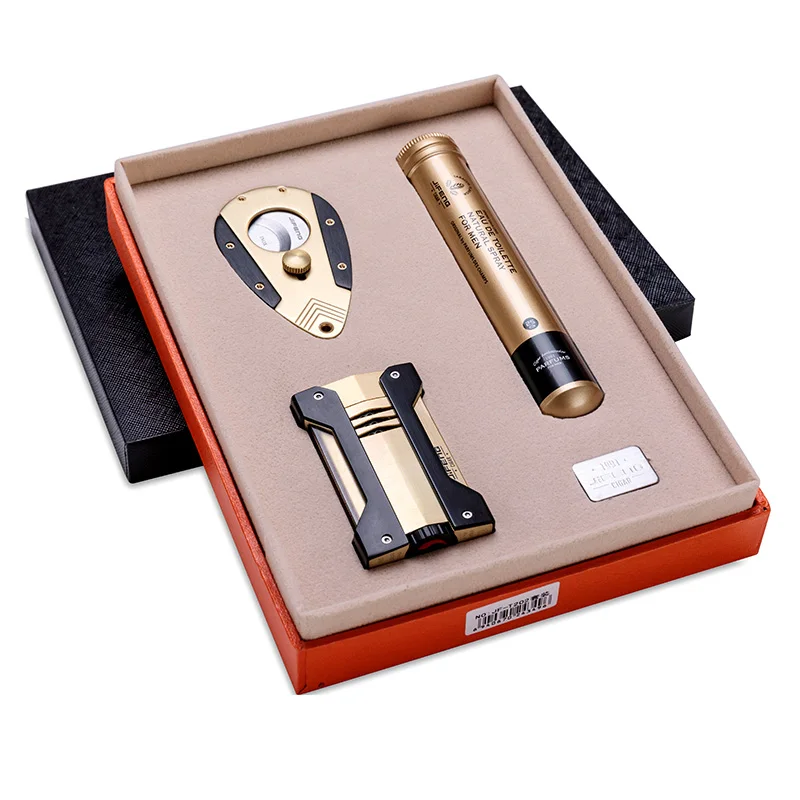 

Luxury Gold Stainless Cigar Lighter Cutter Perfume Set Windproof Cigar Lighters Sharp Cigar Cutter Smoking Accessories Tool