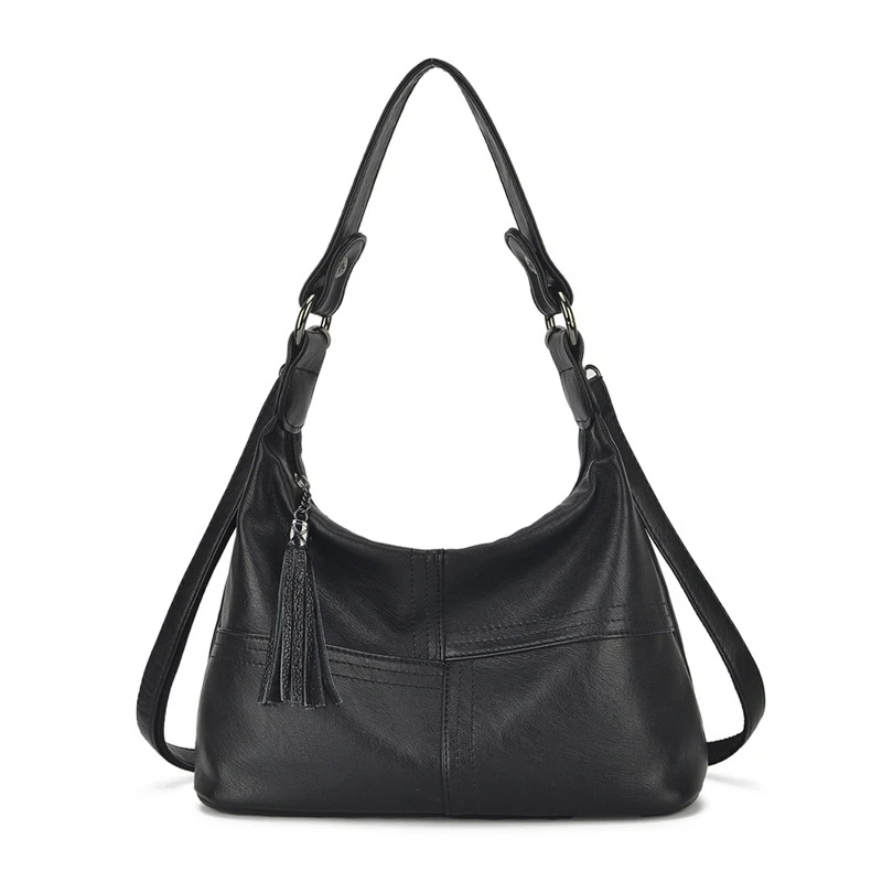 Tassel Genuine Leather Women's Handbags Luxury Women Tote Bags For Women Messenger Bags Patchwork Shoulder Bag Ladies - Цвет: Черный