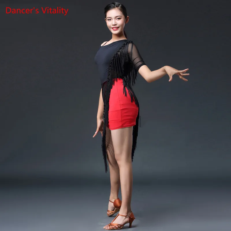 black vs red Женское платье для выступлений костюм Самба топ и юбка платье латинские танцевальные платья комплект из 2 предметов Тренировочный Набор - Цвет: black vs red