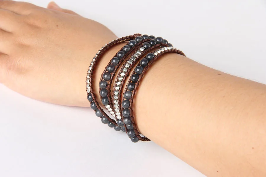 Новинка кожаный браслет с бусинами для унисекс ручная работа 6 мм серый