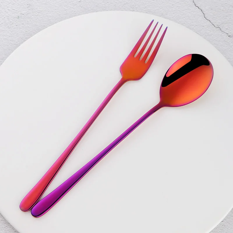 Orange Red Set-2PCS 18/10 Корейская ложка и вилка из нержавеющей стали, набор золотой посуды, радужная посуда, набор ложек с длинной ручкой, кухонная утварь - Цвет: Orange Red Set-2PCS
