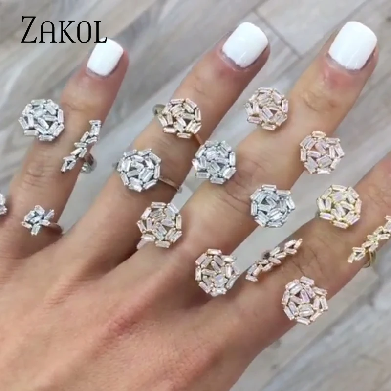 ZAKOL эксклюзивные Открытые Кольца прямоугольные трендовые Кластерные украшения для женщин невесты из блестящего циркония кольца FSRP2002