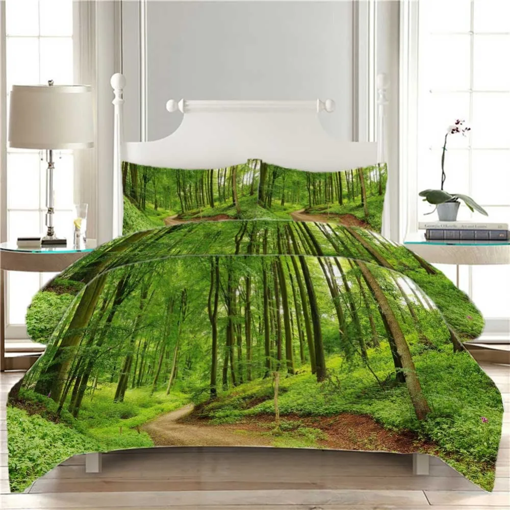 Green forest Bedding Quilt Cover Duvet Set Pillowcase Microfiber Soft Comforter Bedroom Single Queen King | Дом и сад