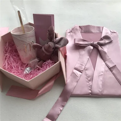 Box set -dark pink Атласная пижама-кимоно на заказ, 1 комплект, свадебные подарки на день рождения, юбилей, вечерние Халаты для невесты, подружки невесты - Цвет: Box set -dark pink