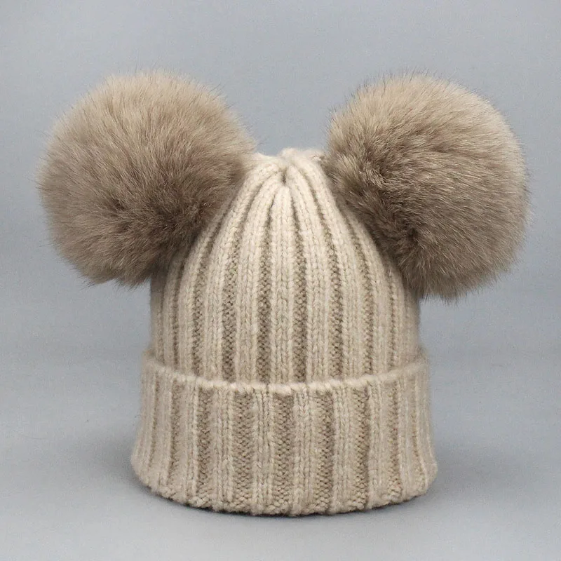 Beige Шапка с помпоном из натурального Лисьего меха для женщин, детей, девочек, зимние шерстяные шапки для женщин, милые шапки с двумя помпонами, вязаные шапки Skullies, женская шапка - Цвет: Beige
