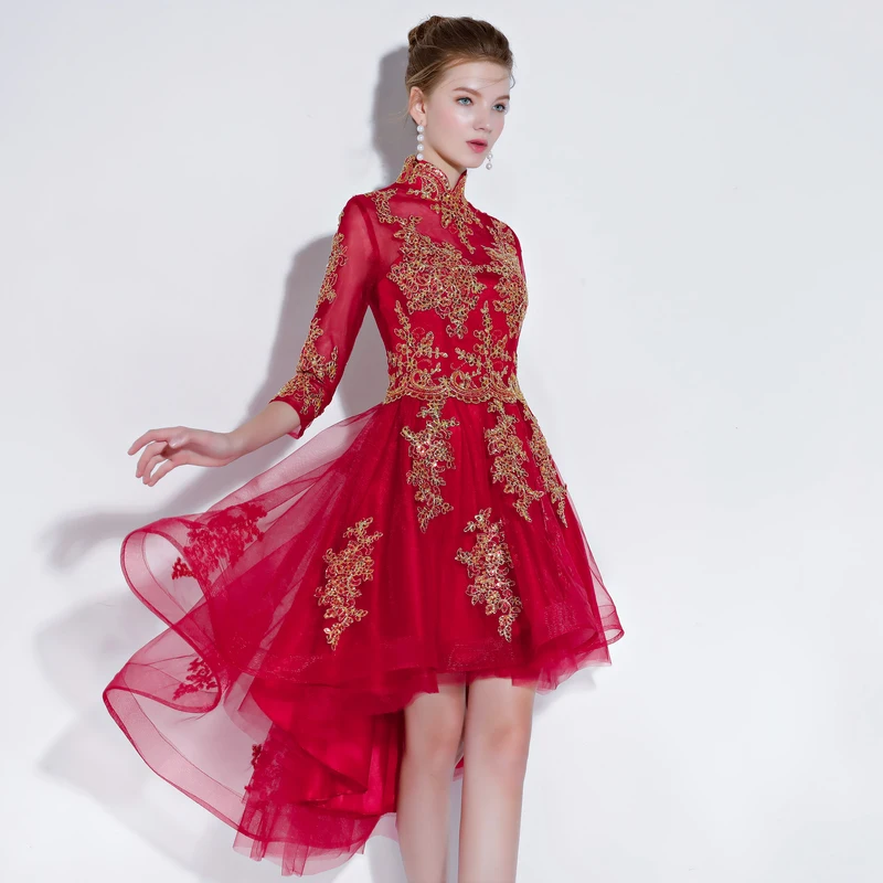 Robe De Soiree 2018 новый красный банкет Половина рукава спереди короткий сзади длинный