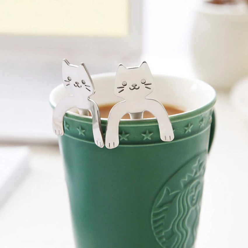 С рисунком кота из мультфильма Чай ложки Нержавеющая сталь Милые Ложки кошка