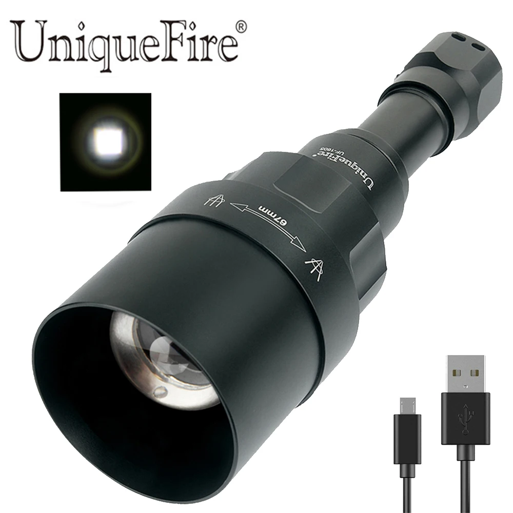 

UniqueFire 1605 USB Rechargeable XML T6 LED Flashlight White Light 67mm Convex Lens Focus Adjustable Torch for Camping & Riding