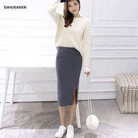 danjeaner 2018 jupe femme autumn winter sexy split pencil skirts high waist thick warm knitted skirts korean style women skirts