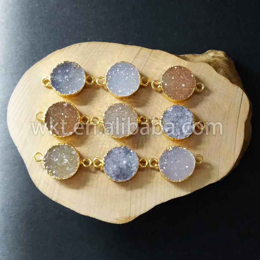 

WT-C088 Wholesale WKT New druzy double loops pendants for necklace natural gold druzy at gate raw round stone pendants