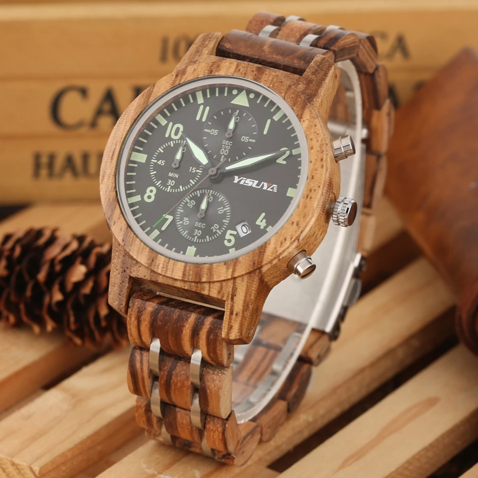 Деревянные часы мужские лучший бренд YISUYA роскошные с хронографом датой