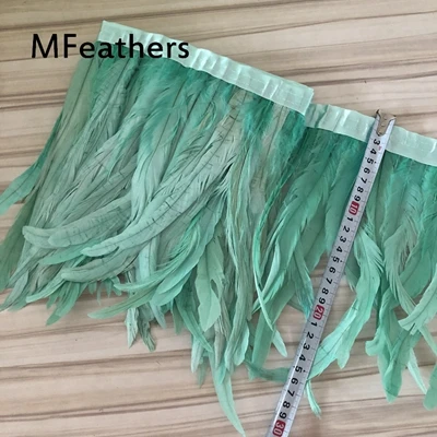 mint green 2 метра шампанского декоративные петушиные перья 35-40 см DIY куриное перо бахрома пришиты на атласную лента рождественские украшения полоски ремесло - Цвет: mint green