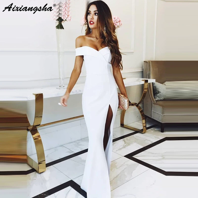 

Elegant Blush Mermaid Long Bridesmaid Dress with Split Off the Shoulder White Satin Wedding Party Dresses Formal Guest Gown
