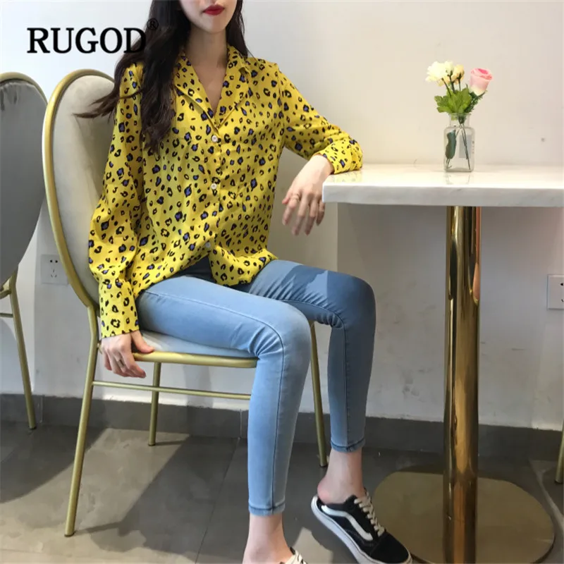 RUGOD/желтые блузки с леопардовым принтом элегантные рубашки отложным воротником