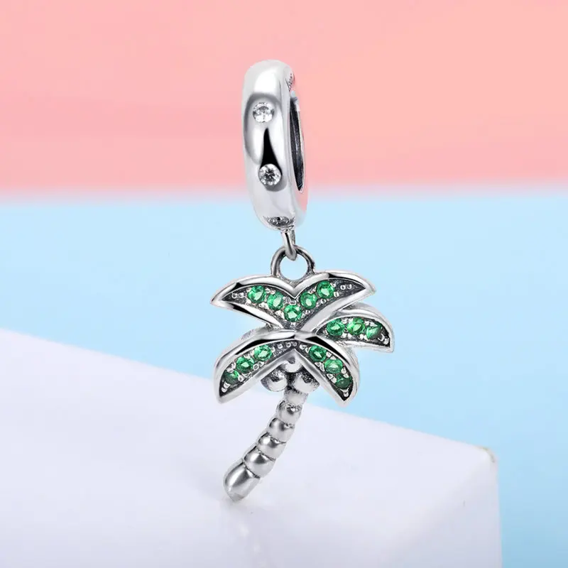 QELROE High Quality 925 Sterling Silver Coconut Tree Charm Green CZ Pendant Fit Original Pandora Bracelet DIY Charms Jewelry | Украшения и