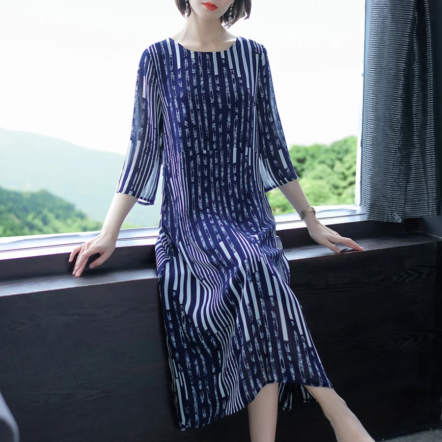Новинка 2020 винтажные шифоновые Макси платья в синюю полоску Boho летние корейские