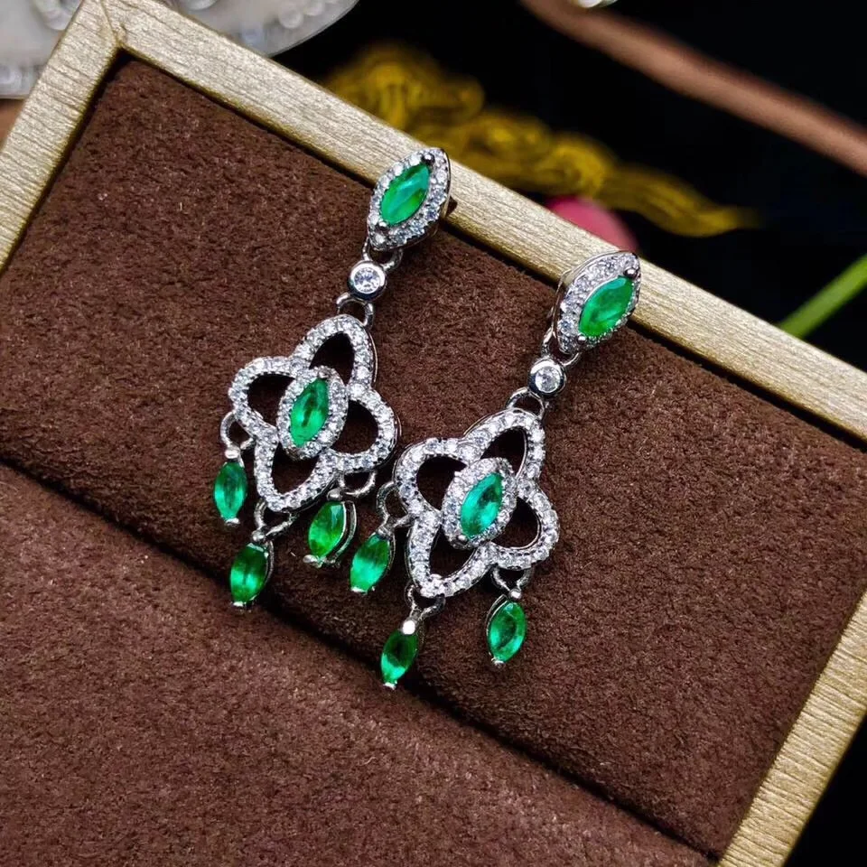 100% natural green emerald earrings Natural gemstone S925 silver female party gift jewelry | Украшения и аксессуары