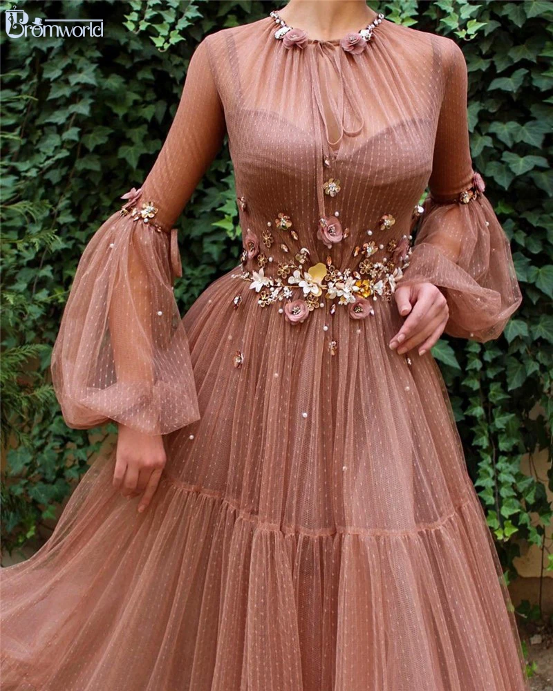 

Blush Muslim Evening Dresses 2021 A-Line Long Sleeves Flowers Tulle Islamic Dubai Kaftan Saudi Arabic Elegant Long Evening Gowns