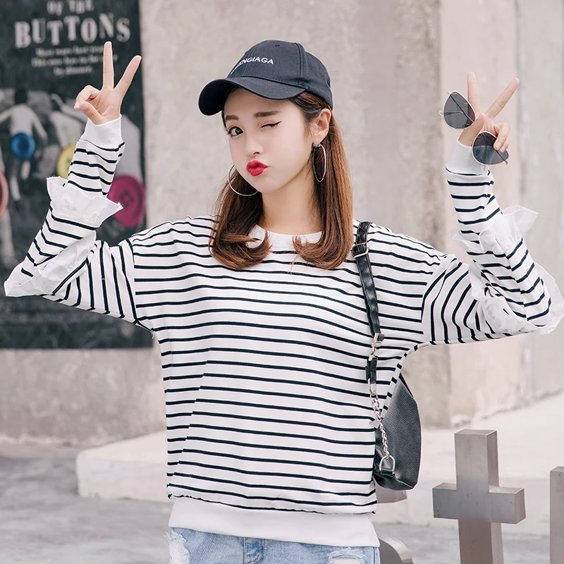 Gkfnmt Striped Petal Sleeve Floral Tshirt 2018 Autumn T Shirt Women Long Tee Femme Loose O-Neck Korea Top | Женская одежда