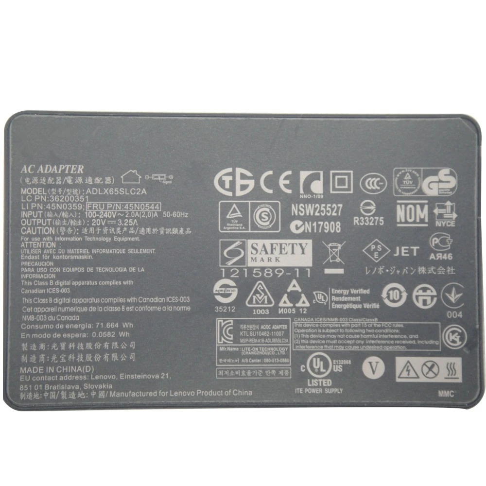 Новый тонкий USB-адаптер переменного тока 20 в 3 25 А 65 Вт для ультрабука Lenovo Ideapad Yoga 13