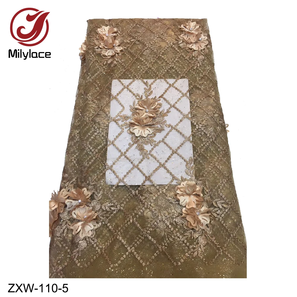 

Milylace 2019 French Lace Fabric 3D Floral Checked Net Lace Fabric with Sequins High Quality for Bridal Wedding Dresses ZXW-110